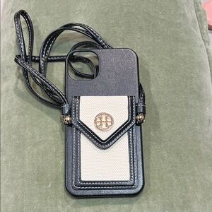 Elegant Black and Cream Tory Burch Phone Case with Strap